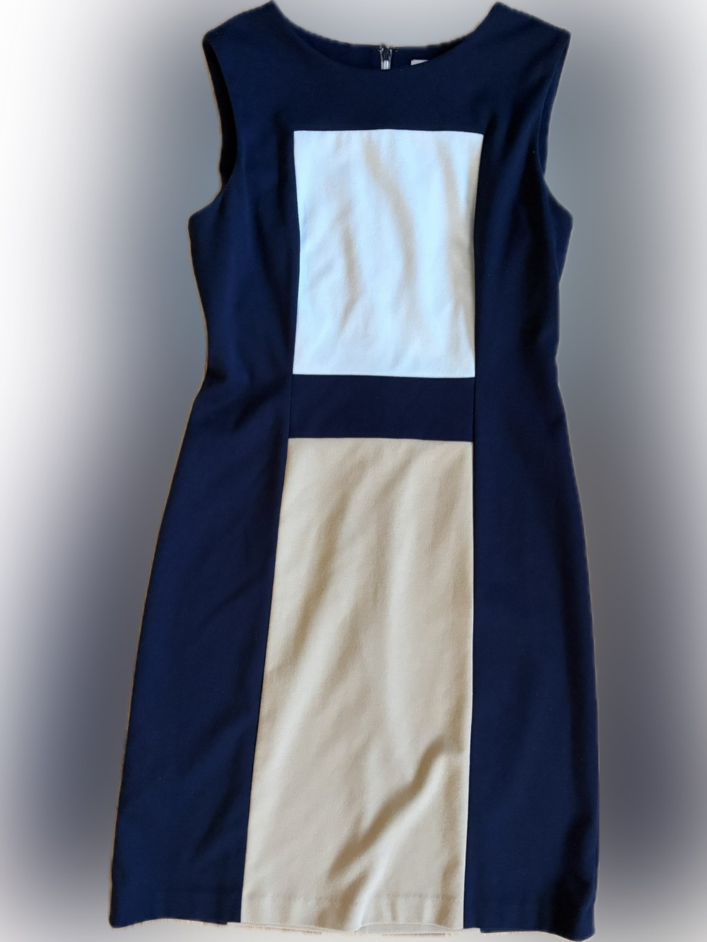 Calvin Klein Navy, White & Cream Sleeveless Colorblock Sheath Dress